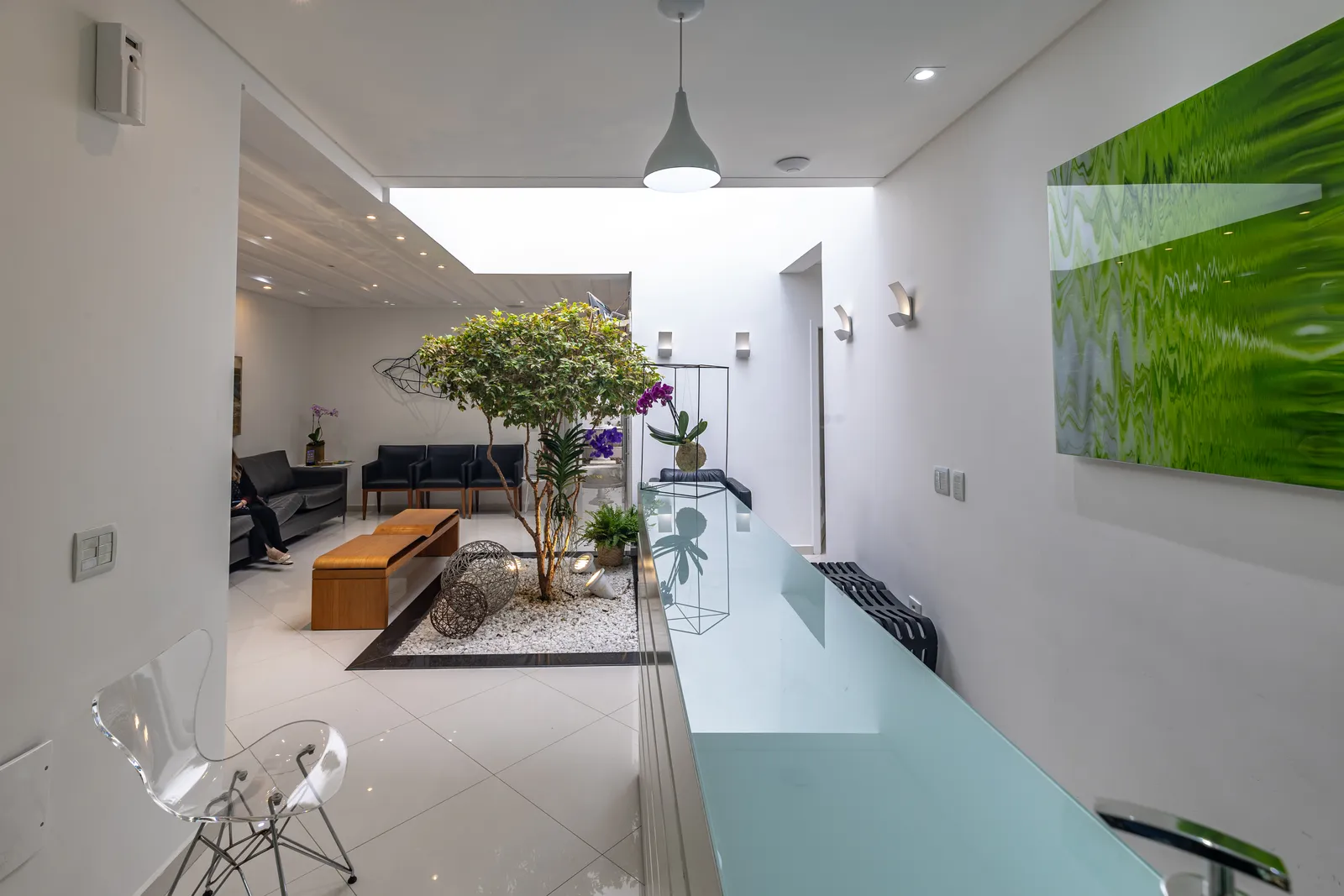 Recepção e corredor interno da clínica com jardim